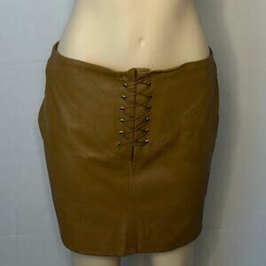 Beware Brown Faux Leather Lace-Up Mini Skirt Y2K Corset Style Size 11